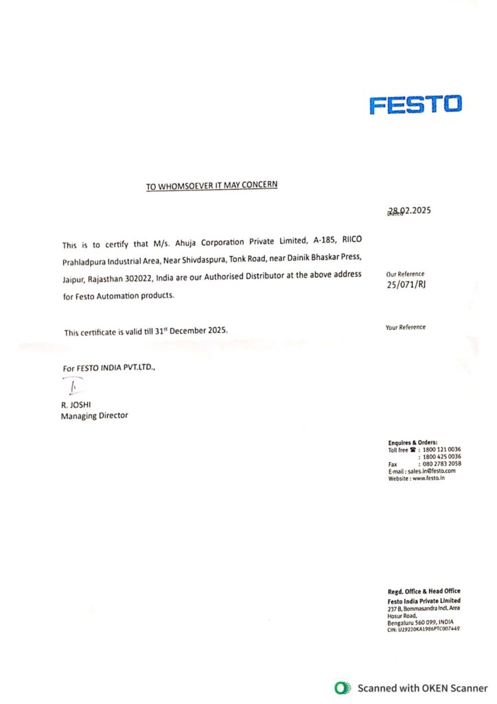 Festo authorised dealer certificate – Ahuja Group India