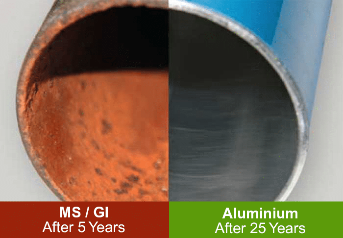 Compressed air pipe cross-section — corroded MS/GI pipe after 5 years versus clean aluminium pipe bore after 25 years
