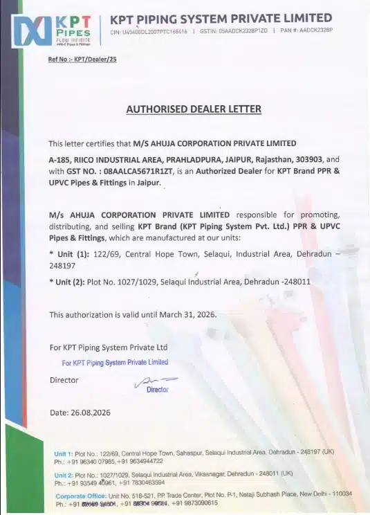 KPT Pneumato compressed air piping authorised dealer certificate – Ahuja Group
